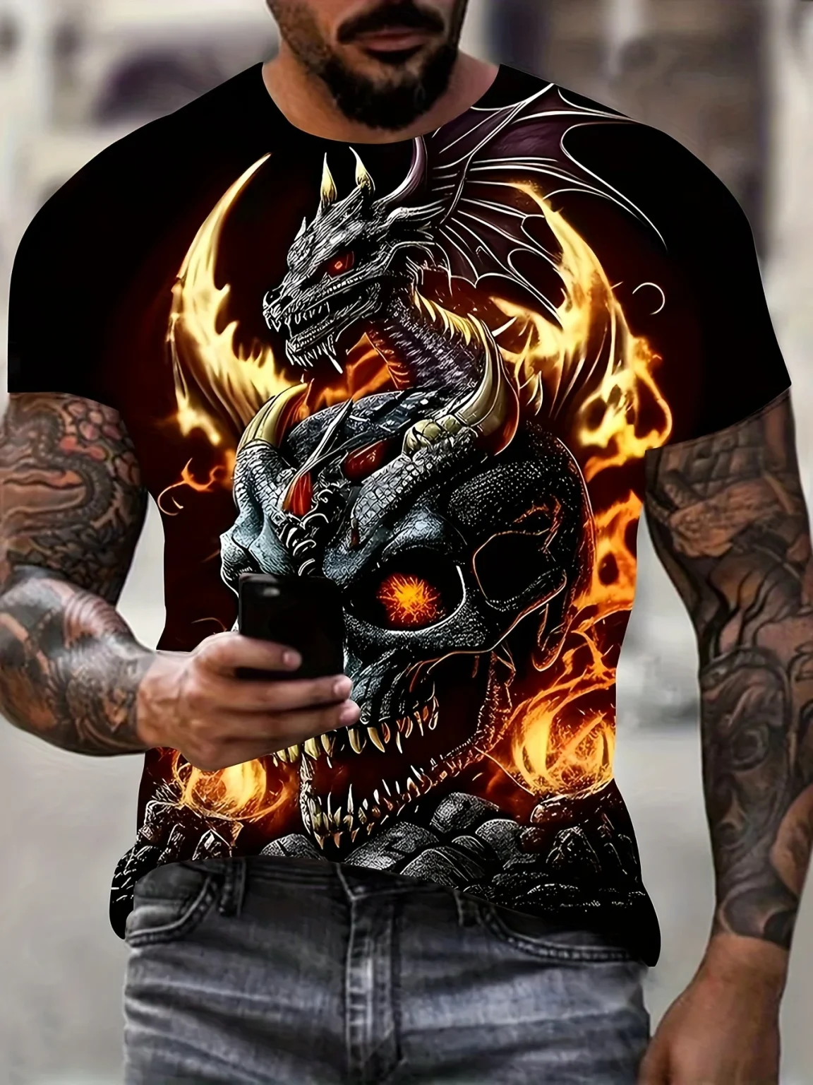 Mens Dragon Print Cotton Blend T-shirt - Stylish Crew Neck Comfortable & Breathable for Summer Casual Everyday Wear Hot Sale 2