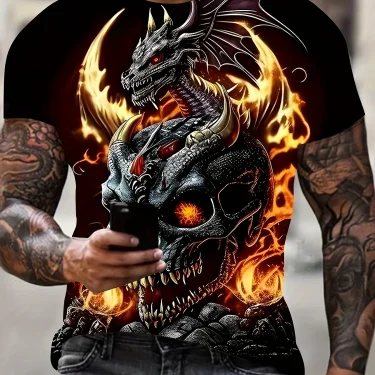 Mens Dragon Print Cotton Blend T-shirt - Stylish Crew Neck Comfortable & Breathable for Summer Casual Everyday Wear Hot Sale 2