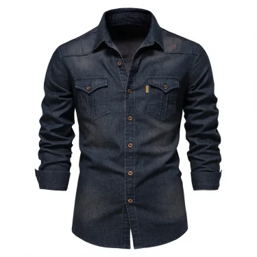 2025 Spring Men's Denim Shirt 100% Cotton Elastic Casual Slim Fit Streetwear Clothing Long Sleeve Multiple Pockets Cowboy Shirts 3