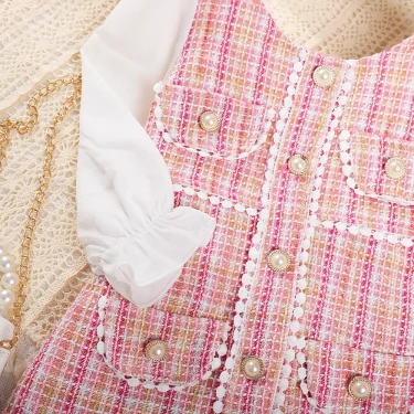 Menoea Girls' Dress 2023 Autumn New Girls' Round Neck Plaid Lace Button Long Sleeve Dress Girls' Fashion Patchwork Dress 5