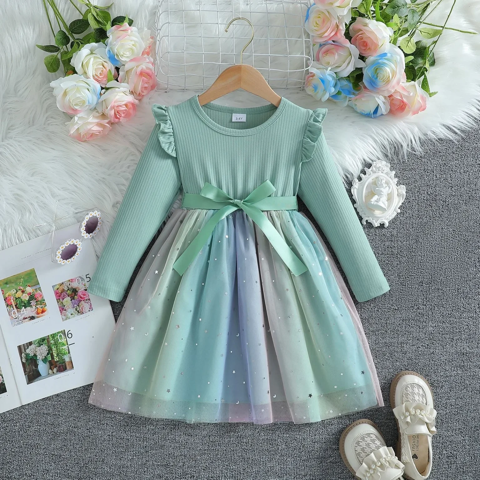 Girls Dress Blue Autumn Princess Dress Kids Clothes Birthday Party Dress Pink Long-sleeved for Children Fashion Rainbow 1-6Y 5