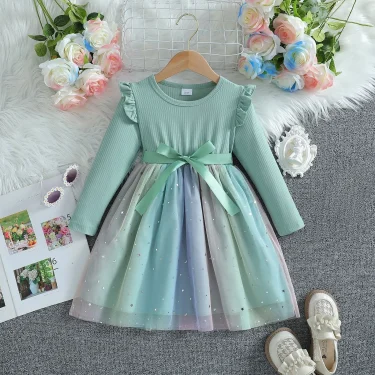 Girls Dress Blue Autumn Princess Dress Kids Clothes Birthday Party Dress Pink Long-sleeved for Children Fashion Rainbow 1-6Y 5