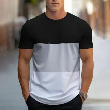 2024 Summer new fashion splicing printed short-sleeved T-shirt men's round neck loose breathable tops Sports Fitness T-shirt 3