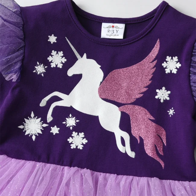 DXTON Winter Long Sleeve Girls Dress Unicorn Cotton Children Clothing Birthday Party Prom Kids Dress Layered Princess Tutu Dress 3