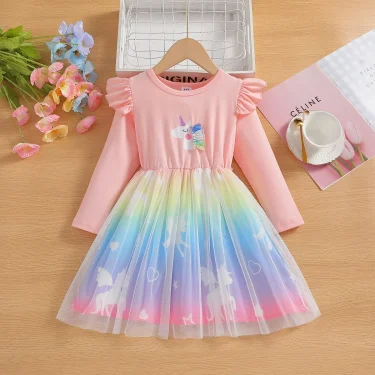 2025 New Princess Dress Unicorn Girls Dress Spring Kids Clothes Birthday Party Dress Long-sleeved for Children Rainbow 2-8Y 3