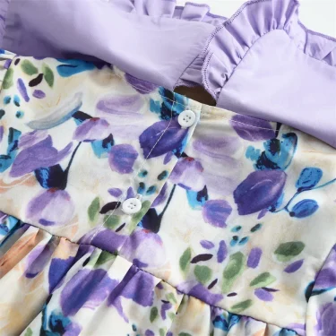 Girls Casual Dresses Purple Flower Print Lace Lapel Puff Sleeves and Long Sleeves Flower Party Dress for Kids Girl 2 To 7 Years 4