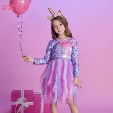 DXTON Autumn Princess Dress Mermaid Children Birthday Party Girls Dress Irregular Layered Prom Kids Long Sleeve Costumes 3-8Y 1