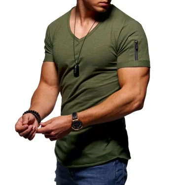 Summer Men's Classic Style Sports Light breathable solid color V-neck large size arm pocket design short-sleeved POLO shirt 2