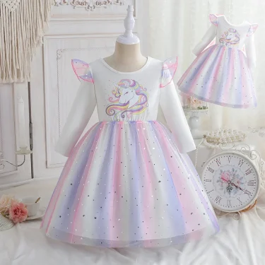 2025 New Princess Dress Unicorn Girls Dress Spring Kids Clothes Birthday Party Dress Long-sleeved for Children Rainbow 2-8Y 6