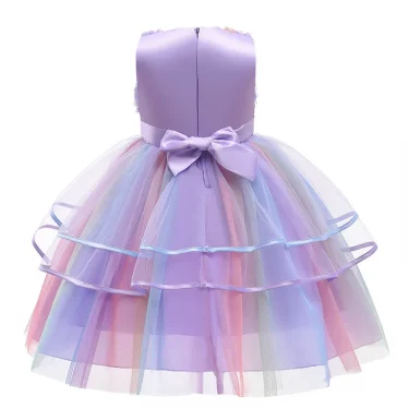 1 2 3 4 5 6 8 10 Years Flowers Baby Girls Dress Summer Rainbow Mesh Little Princess Dress Piano Performance Costume Kids Clothes 3