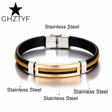 Golden Chain Stainless Steel Bracelets for Men Women Teens Black Rubber Belt Wristband Cuff Bangle Male Hand Jewelry Gifts 3