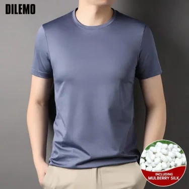 Top Grade 1.7% Mulberry Silk New Brand Tops Round Neck t Shirts For Men 2025 Summer Short Sleeve Casual Fashion Mens Clothing 1