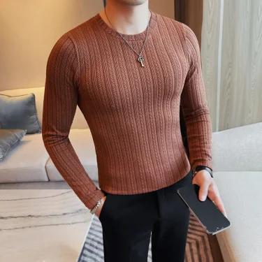 Spring Autumn Men's O-Neck Casual T-Shirts Fashion Slim Fit Long Sleeve Solid Color Tees Tops Men Elastic Stripe Pullover Tshirt 2