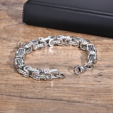 Mens Chunky Byzantine Bracelets,Retro Grey 8mm Stainless Steel Braided Link Wristband,Vintage Jewelry Gift for Him Boy 6
