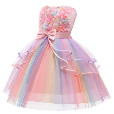 1 2 3 4 5 6 8 10 Years Flowers Baby Girls Dress Summer Rainbow Mesh Little Princess Dress Piano Performance Costume Kids Clothes 5