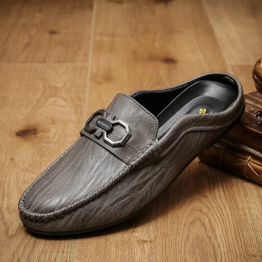 Designer Men Slippers Luxury Leather Casual Shoes for Men Breathable Soft Soled Loafers Fashion British style Men Half Slippers 5