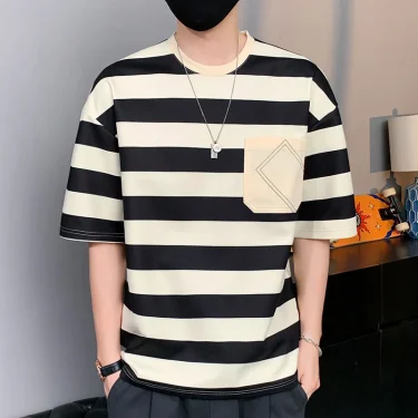 Casual Short Sleeve T Shirt Men'S For 2025 Summer Tshirt Top Tees Striped Brand Fashion HIP HOP Clothes OverSize 3XL T-Shirt 4