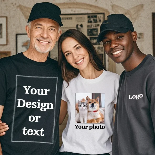 men's high-end gift custom 100% pure cotton custom T-shirt with professional printing of your own logo text photo on the front 1