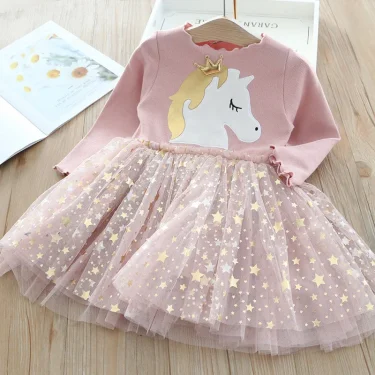 Baby Girl Cute Unicorn Dresses Summer Knitted Girls Dress Christmas Party Star Mesh Princess Dress Children Clothing 1