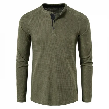 Fashion Waffle Cotton T Shirt Men Autumn New Slim Fit Long Sleeve Henley Tshirt Men Streetwear Casual Solid Color T-Shirt 3