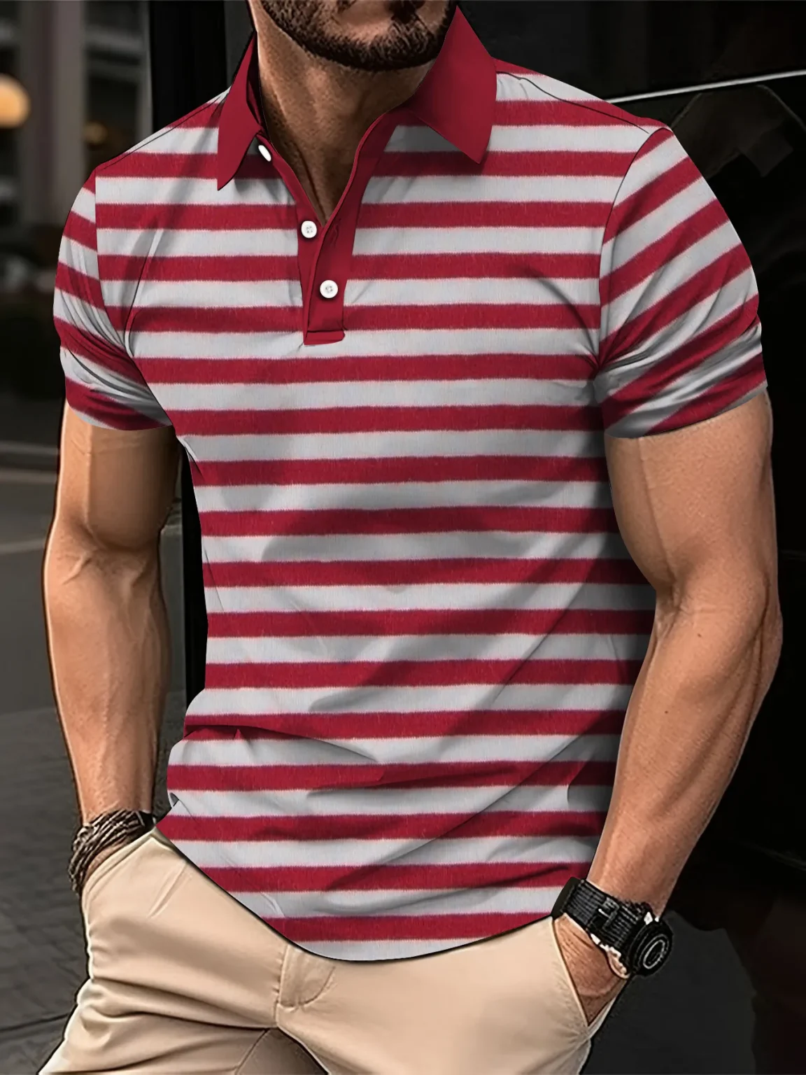 Men's Short Clothes Sleeved Lapel 3D Digital Printed Striped Polo Shirt Summer Man's Business Casual Top Clothes Oversized 4