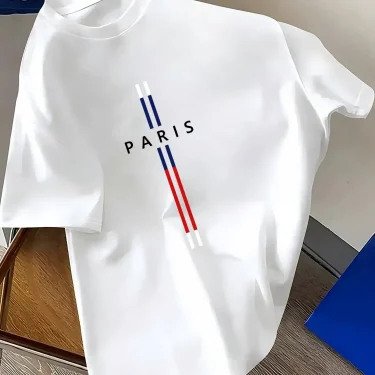 Summer Men 100% cotton fashion casual loose fit plus size Paris letter print round neck short sleeve T-shirt top 1