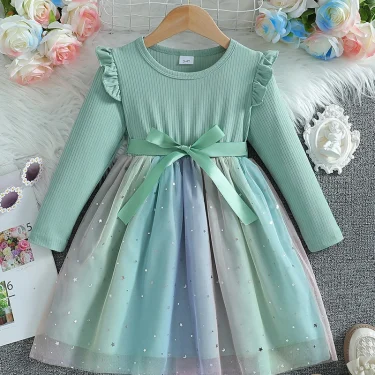 Girl's Long Sleeved Bow Dress 2-6Y Fashion Thin Children's Starry Sky Sequin Mesh Dress Spring Autumn Kid's Clothing 6
