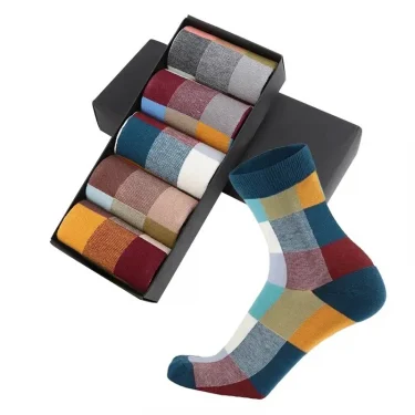 5Pairs/Combed Cotton Men's Socks Spring and Autumn Compression Socks Fashion Colorful Square Happy Dress Socks Men Size EU39-45 1