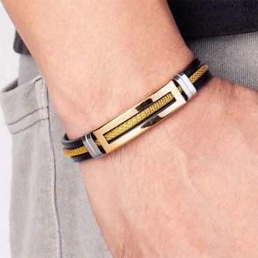 Golden Chain Stainless Steel Bracelets for Men Women Teens Black Rubber Belt Wristband Cuff Bangle Male Hand Jewelry Gifts 1