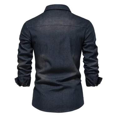 2025 Spring Men's Denim Shirt 100% Cotton Elastic Casual Slim Fit Streetwear Clothing Long Sleeve Multiple Pockets Cowboy Shirts 4