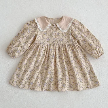 Sweet Kids Baby Girls Long Sleeve Flower Printing Princess Dress Autumn Baby Girls Doll Collar Dress Children Clothes Dress 2