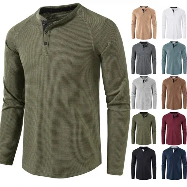 Fashion Waffle Cotton T Shirt Men Autumn New Slim Fit Long Sleeve Henley Tshirt Men Streetwear Casual Solid Color T-Shirt 1