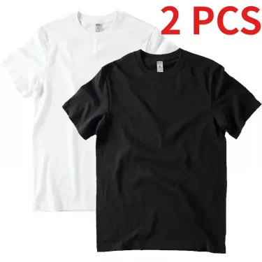 2pcs Solid Color T-shirt 100% Cotton Men Women White O-Neck Loose Short-sleeved Basic Models All-match T-shirt Couple Tops Black 1