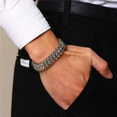 Stainless Steel Double Row Chain Bracelet with Magnetic Buckle for Men Motorcycle Riding Hip-Hop Rock Trend Jewelry Gift 6