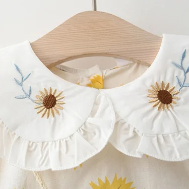 2Piece Spring Fall Toddler Girl Clothes Set Korean Cute Doll Collar Long Sleeve Print Flowers Dress+Bag Newborn Baby Dresses 074 3