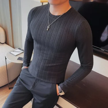 Spring Autumn Men's O-Neck Casual T-Shirts Fashion Slim Fit Long Sleeve Solid Color Tees Tops Men Elastic Stripe Pullover Tshirt 1