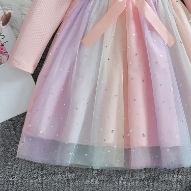 Girls Dress Blue Autumn Princess Dress Kids Clothes Birthday Party Dress Pink Long-sleeved for Children Fashion Rainbow 1-6Y 4