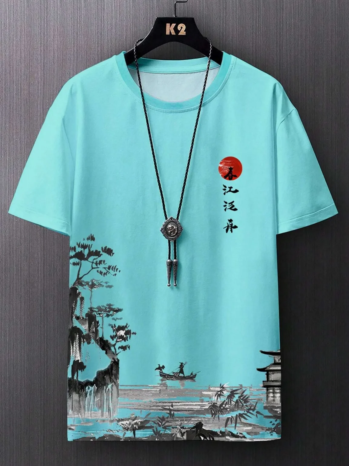 Summer new men's casual simple short-sleeved T-shirt polyester fiber comfortable breathable ancient style printed short-sleeved 5