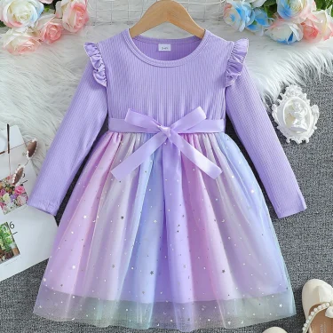 Girl's Long Sleeved Bow Dress 2-6Y Fashion Thin Children's Starry Sky Sequin Mesh Dress Spring Autumn Kid's Clothing 5