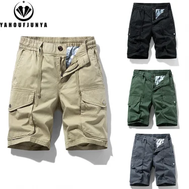 2025 Men Summer Solid Cotton Outdoor Cargo Leisure Shorts Men Drawstring Buttons Straight Loose Fashion Brand Short Male Pants 1