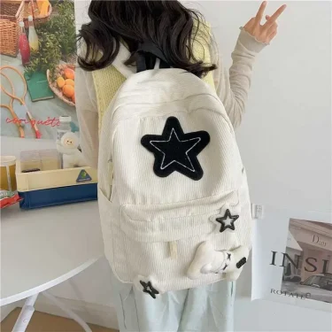 Y2K Girls Star Pattern Laptop Backpack Teen Student Large Capacity School Bookbag Corduroy Rucksack Double Strap Shoulder Bag 3