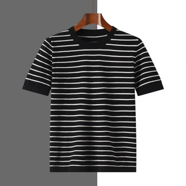 Men's Short Sleeved 100% Cotton T-Shirt Sweater Round Collar Color Stripe Tees Pullover Knitted Clothing Casual Summer Tops 3