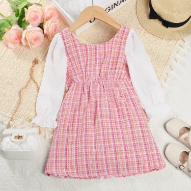 Menoea Girls' Dress 2023 Autumn New Girls' Round Neck Plaid Lace Button Long Sleeve Dress Girls' Fashion Patchwork Dress 3