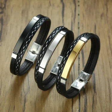 Vnox Unique Sew Lines Genuine Leather Bracelets for Men Women Stainless Steel Bar Layered Bangle Causal Pulseira 2