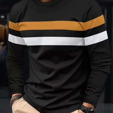 New striped men's long sleeved T-shirt with autumn round neck simple pure cotton fashion slim fit comfortable and oversized tops 1