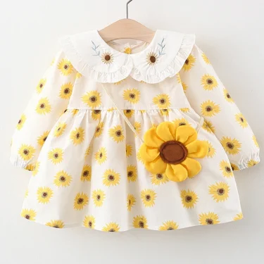 2Piece Spring Fall Toddler Girl Clothes Set Korean Cute Doll Collar Long Sleeve Print Flowers Dress+Bag Newborn Baby Dresses 074 1