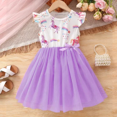 Summer Girls Dress For Kids 1-8 Years old Fashion Cute Cartoon Unicorn Ruffled Tulle Sleeve Princess Dresses For Holiday 5