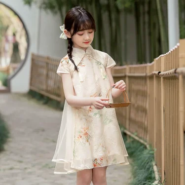 Tang Girls Casual Dresses Chinese Kids Clothes Perform Cheongsams Fashion Girl Hanfu Dress Summer Modern Qipao Baby Vestido 1