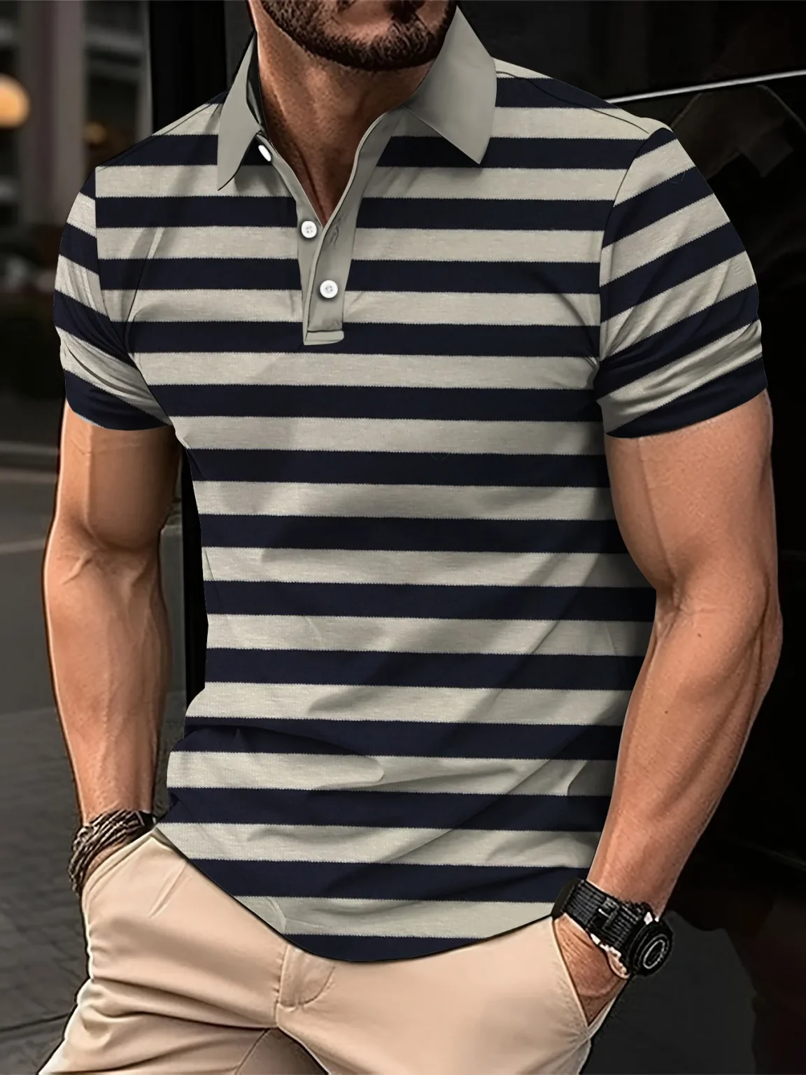 Men's Short Clothes Sleeved Lapel 3D Digital Printed Striped Polo Shirt Summer Man's Business Casual Top Clothes Oversized 1