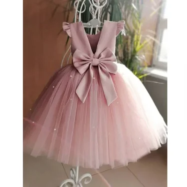 Summer Girl Flower Birthday Tulle Dress Backless Bow Wedding Gown Kids Party Wear Princess Pink Dress Baby Girl Bowknot Dresses 4